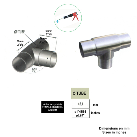 Connecteur en T de tube rond 42,4mm INOX304 IN2362 Connecteurs de tube INOX Connecteur tube rond INOX304 IN2362