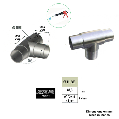 Connecteur en t de tube rond 48,3mm INOX304 IN2363 Connecteurs de tube INOX Connecteur tube rond INOX304 IN2363