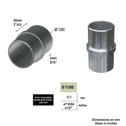 Connecteur droit jonction de tube rond 42,4mm INOX304 IN2366 Connecteurs de tube INOX Connecteur tube rond INOX304 IN2366