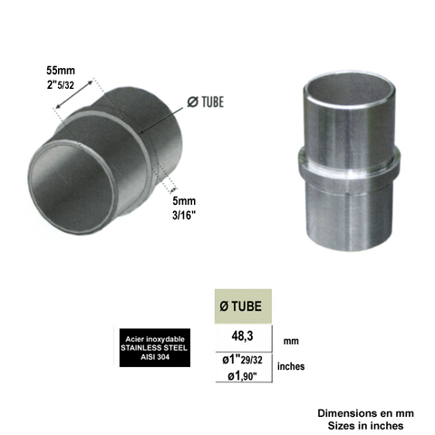 Connecteur droit jonction de tube rond 48,3mm INOX304 IN2367 Connecteurs de tube INOX Connecteur tube rond INOX304 IN2367