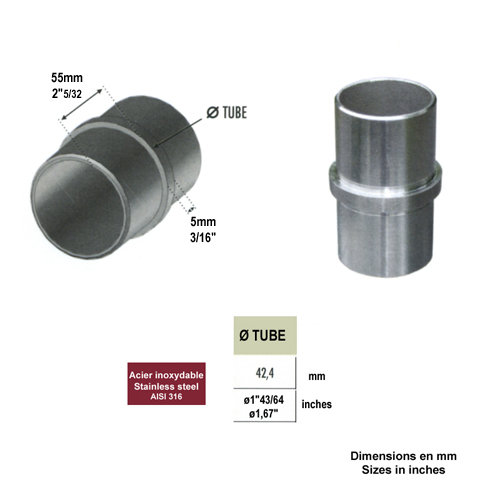 Connecteur droit jonction de tube rond 42,4mm INOX316 IN2368 Connecteurs de tube INOX Connecteur tube rond INOX316 IN2368