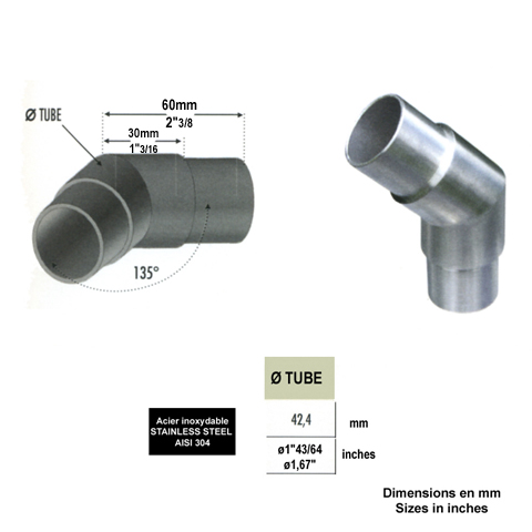 Connecteur en angle coud 90 42,4mm INOX304 IN2370 Connecteurs de tube INOX Connecteur tube rond INOX304 IN2370