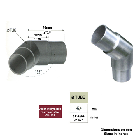 Connecteur en angle coud 135 42,4mm INOX316 IN2376 Connecteurs de tube INOX Connecteur tube rond INOX316 IN2376