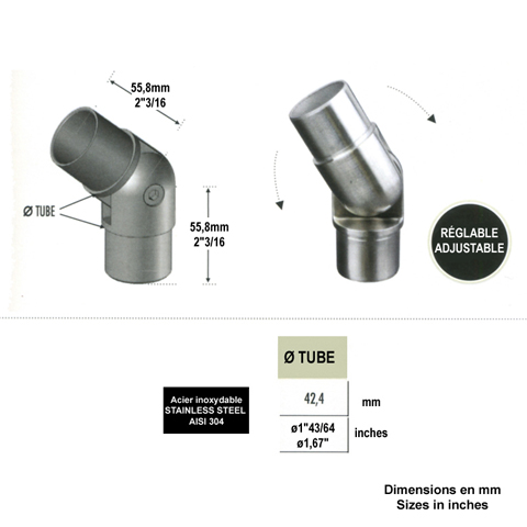 Connecteur orientable 42,4mm INOX304 IN2378 Connecteurs de tube INOX Connecteur tube rond INOX304 IN2378