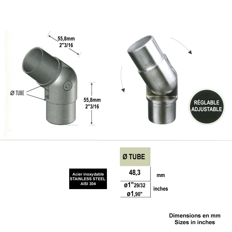 Connecteur orientable 48,3mm INOX304 IN2379 Connecteurs de tube INOX Connecteur tube rond INOX304 IN2379