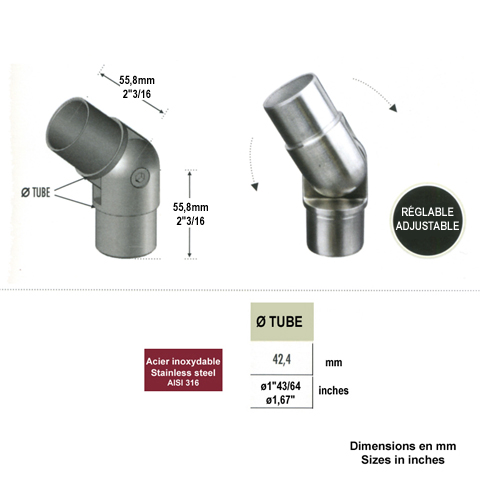 Connecteur orientable 42,4mm INOX316 IN2380 Connecteurs de tube INOX Connecteur tube rond INOX316 IN2380