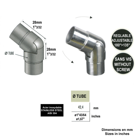 Connecteur orientable 135  180 42,4mm INOX304 IN2382 Connecteurs de tube INOX Connecteur tube rond INOX304 IN2382