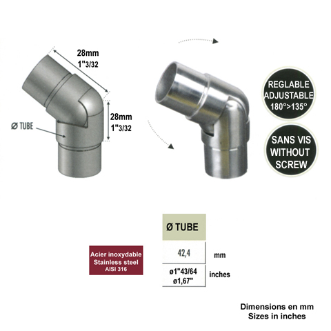 Connecteur orientable 135 180 42,4mm INOX316 IN2383 Connecteurs de tube INOX Connecteur tube rond INOX316 IN2383