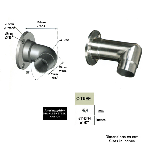Connecteur d'angle 90 42,4mm INOX304 IN2397 Connecteurs de tube INOX Connecteur mural pour tube INOX IN2397