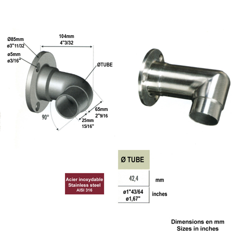 Connecteur mural fixe 90 42,4mm INOX316 IN2399 Connecteurs de tube INOX Connecteur mural pour tube INOX IN2399