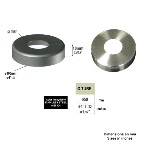 Coupelle cache plaque de fixation  50mm INOX304 IN24061 Connecteurs de tube INOX Connecteur mural pour tube INOX IN24061