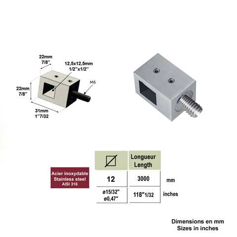 Connecteur en applique pour carr de 12x12mm et tube 40x40mm IN24111 Connecteur applique pour carr Pour tube ou poteau inox IN24111