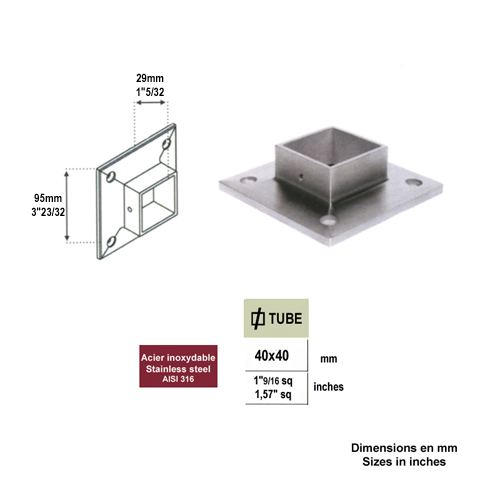 Connecteur droit, plaque de fixation pour 40x40mm 42,4mm INOX316 IN2412 Connecteurs de tube INOX Connecteur mural pour tube INOX IN2412