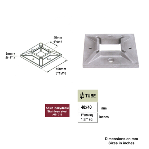 Connecteur droit, plaque de fixation pour 40x40mm 42,4mm INOX316 IN2414 Connecteurs de tube INOX Connecteur mural pour tube INOX IN2414