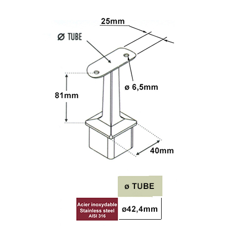 Support de main courante 42,4mm et poteau 40x40mm INOX316 IN2421 Support de main courante INOX Support pour poteau inox 316 IN2421
