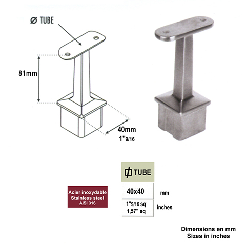Support fixe de main courante et poteau 40x40mm INOX316 IN2422 Support de main courante INOX Support pour poteau inox 316 IN2422