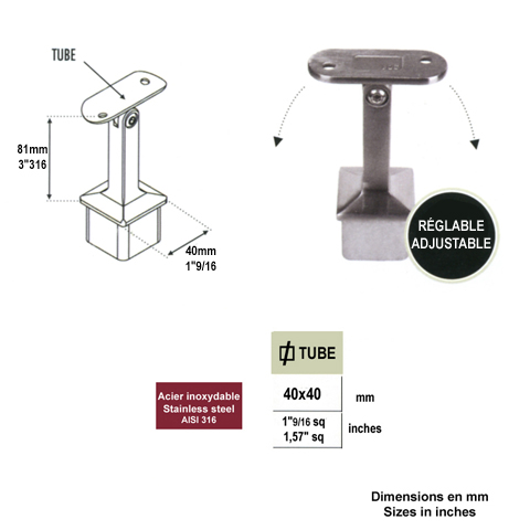 Support pivotant de main courante carre ou plate et poteau 40x40mm INOX316 IN2424 Support de main courante INOX Support pour poteau inox 316 IN2424