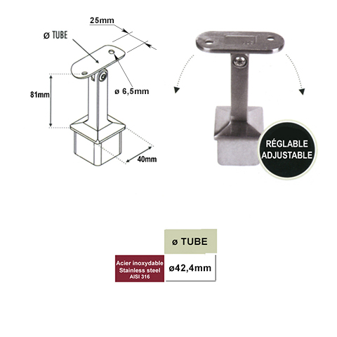 Support pivotant de main courante 42,4mm et poteau 40x40mm INOX316 IN2425 Support de main courante INOX Support pour poteau inox 316 IN2425