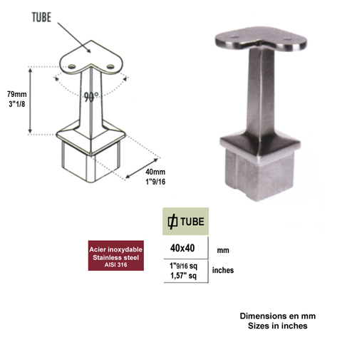Support d'angle 90 de main courante 40x40mm et poteau 40x40mm INOX316 IN2426 Support de main courante INOX Support pour poteau inox 316 IN2426