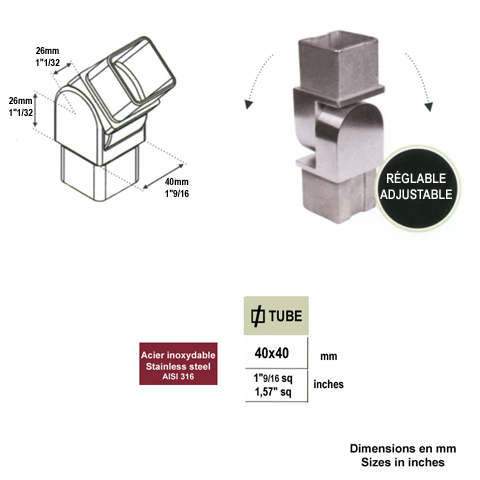 Connecteur orientable 40x40mm INOX316 IN2428 Connecteurs de tube INOX Connecteur tube carr INOX316 IN2428