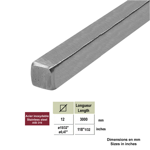 Carr plein INOX316 12x12mm bross grain 320 IN2436 Tubes et ronds pleins inox Carr plein inox 316 bross 3m IN2436