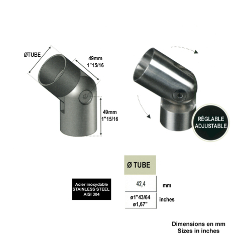 Connecteur orientable 42,4mm INOX304 pour rampes en bois IN2440 Connecteurs et finitions en INOX Connecteur INOX de main courante bois IN2440