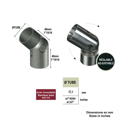 Connecteur orientable 42,4mm INOX316 pour rampes en bois IN2442 Connecteurs et finitions en INOX Connecteur INOX de main courante bois IN2442