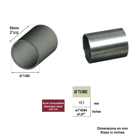 Connecteur union droit 42,4mm INOX316 pour rampes en bois IN2450 Connecteurs et finitions en INOX Connecteur INOX de main courante bois IN2450
