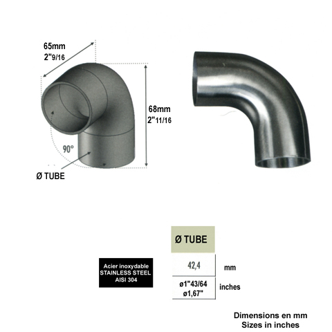 Connecteur coude 90 42,4mm INOX304 pour rampes en bois IN2452 Connecteurs et finitions en INOX Connecteur INOX de main courante bois IN2452