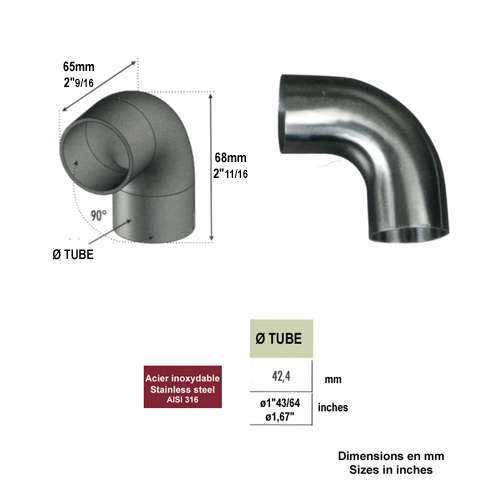 Connecteur coud 90 droit 42,4mm INOX316 pour rampes en bois IN2454 Connecteurs et finitions en INOX Connecteur INOX de main courante bois IN2454