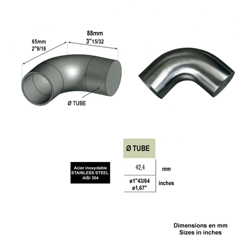 Finition coude 90 42,4mm INOX304 pour rampes en bois IN2456 Connecteurs et finitions en INOX Finition INOX de main courante bois IN2456