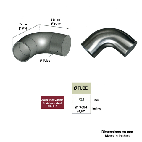 Finition coude 90 42,4mm INOX316 pour rampes en bois IN2458 Connecteurs et finitions en INOX Finition INOX de main courante bois IN2458