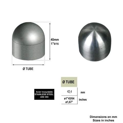 Finition bombe 42,4mm INOX304 pour rampes en bois IN2460 Connecteurs et finitions en INOX Finition INOX de main courante bois IN2460