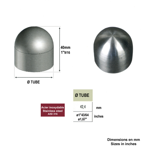 Finition bombe 42,4mm INOX316 pour rampes en bois IN2462 Connecteurs et finitions en INOX Finition INOX de main courante bois IN2462
