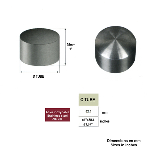 Finition embout plat 42,4mm INOX316 pour rampes en bois IN2466 Connecteurs et finitions en INOX Finition INOX de main courante bois IN2466