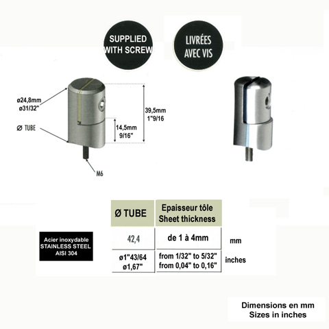 Pince  tle 42,4mm pour plaque paisseur 1  4mm INOX304 IN2478 Encadrement panneaux en tle Profil, raccord et pinces IN2478