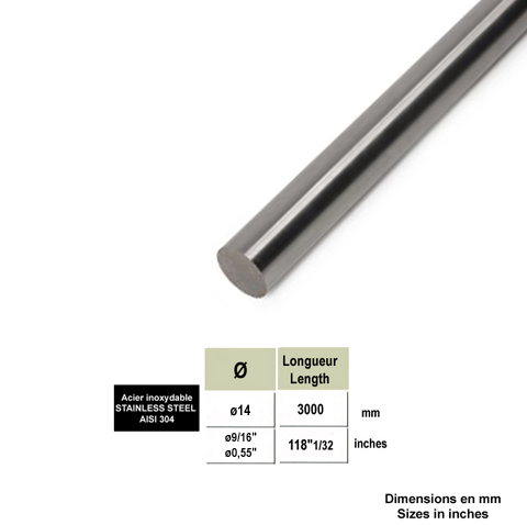 Rond plein INOX304 14mm bross grain 320 IN2492 Tubes et ronds pleins inox Rond plein inox 304 bross 3m IN2492