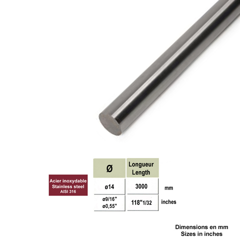 Rond plein INOX316 14mm bross grain 320 IN2495 Tubes et ronds pleins inox Rond plein inox 316 bross 3m IN2495