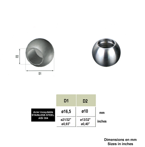 Boules pleines INOX304 16,5mm avec trou borgne 10mm IN2496 Boules embouts pour ronds INOX Boules de finition pour rond IN2496