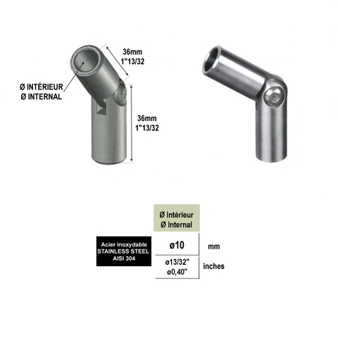 Raccord orientable INOX304 pour ronds 10mm IN2502 Raccords rglables pour ronds INOX Raccord ajustable pour rond inox IN2502