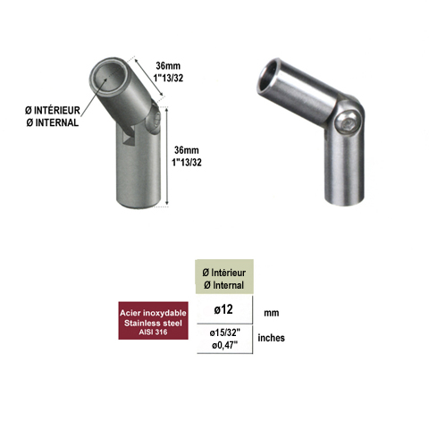 Raccord orientable INOX316 pour ronds 12mm IN2506 Raccords rglables pour ronds Raccord orientable inox pour ronds IN2506