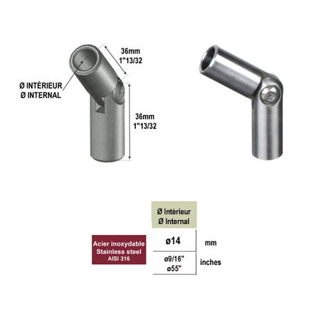 Raccord orientable INOX316 pour ronds 14mm IN2507 Raccords rglables pour ronds Raccord orientable inox pour ronds IN2507