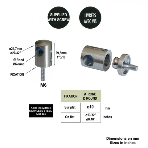 Connecteur en applique pour rond 10mm et plat ou tube carr IN2510 Connecteur applique pour rond Pour tube ou poteau inox 304 IN2510