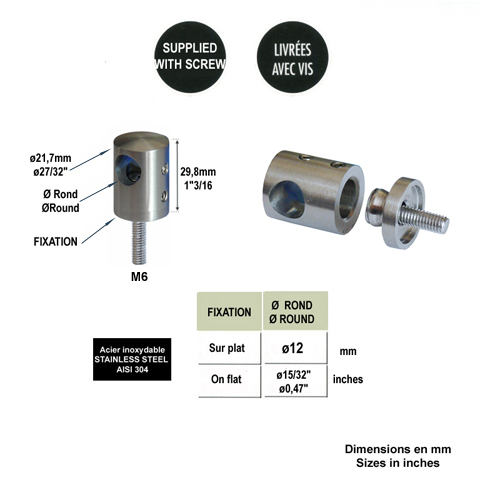 Connecteur en applique pour rond 12mm et plat ou tube carr IN2516 Connecteur applique pour rond Pour tube ou poteau inox 304 IN2516