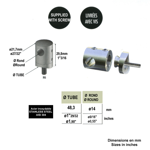 Connecteur en applique pour rond 14mm et tube 48,3mm IN2521 Connecteur applique pour rond Pour tube ou poteau inox 304 IN2521