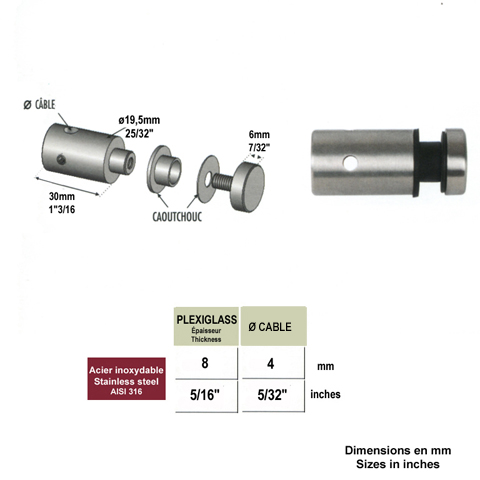 Connecteur en applique pour plexi pr 8mm et cable 4mm IN2530 Connecteur applique pour plexi Connecteur plexi et cable INOX 316 IN2530