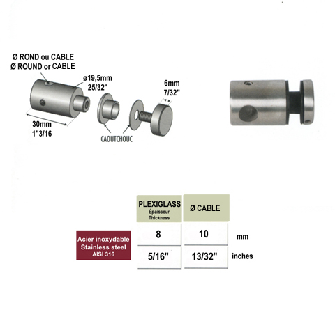 Connecteur en applique pour plexi pr 8mm et rond 10mm IN2532 Connecteur applique pour plexi Connecteur plexi et rond INOX 316 IN2532