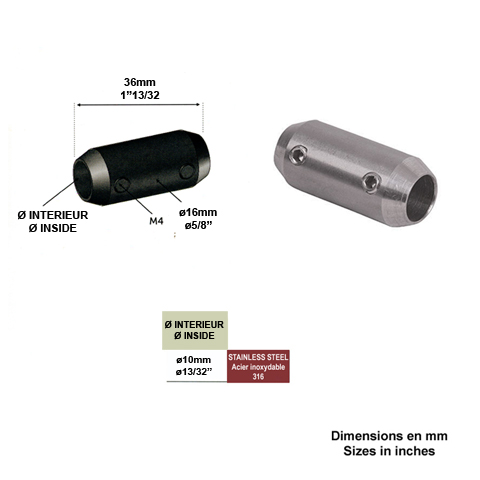 Raccord de jonction INOX316 pour ronds 10mm IN2536 Raccords rglables pour ronds Raccord de jonction inox IN2536