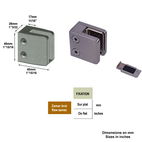 Pince  verre carre 45mm en zamac bross pour plat IN2559 Pinces  verres carres Pince  verre en Zamac IN2559