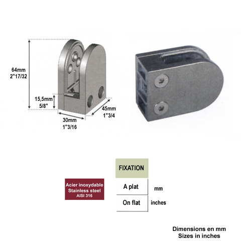 Pince  verre ronde 64mm en inox 316 pour plat IN2578 Pinces  verres rondes Pince  verre en  INOX316 IN2578